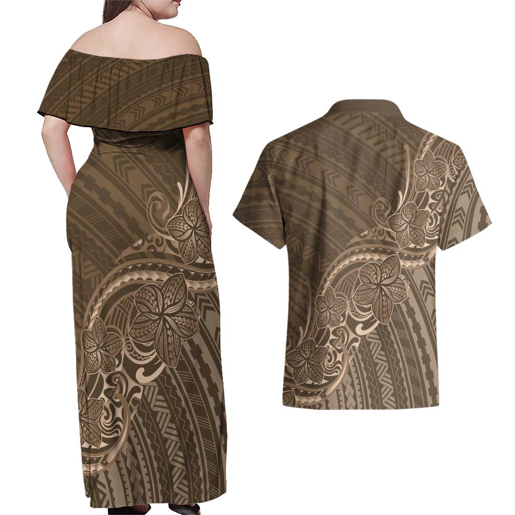 Brown Polynesia Plumeria Tattoo Couples Matching Off Shoulder Maxi Dress and Hawaiian Shirt LT14 - Polynesian Pride