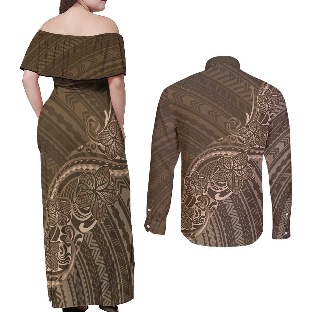 Brown Polynesia Plumeria Tattoo Couples Matching Off Shoulder Maxi Dress and Long Sleeve Button Shirt