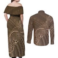 Brown Polynesia Plumeria Tattoo Couples Matching Off Shoulder Maxi Dress and Long Sleeve Button Shirt