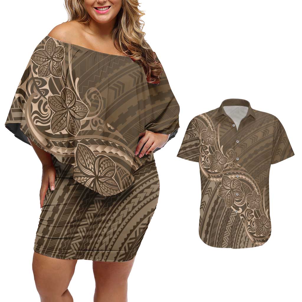 Brown Polynesia Plumeria Tattoo Couples Matching Off Shoulder Short Dress and Hawaiian Shirt LT14 Brown - Polynesian Pride