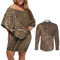 Brown Polynesia Plumeria Tattoo Couples Matching Off Shoulder Short Dress and Long Sleeve Button Shirt LT14 Brown - Polynesian Pride
