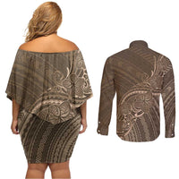Brown Polynesia Plumeria Tattoo Couples Matching Off Shoulder Short Dress and Long Sleeve Button Shirt LT14 - Polynesian Pride
