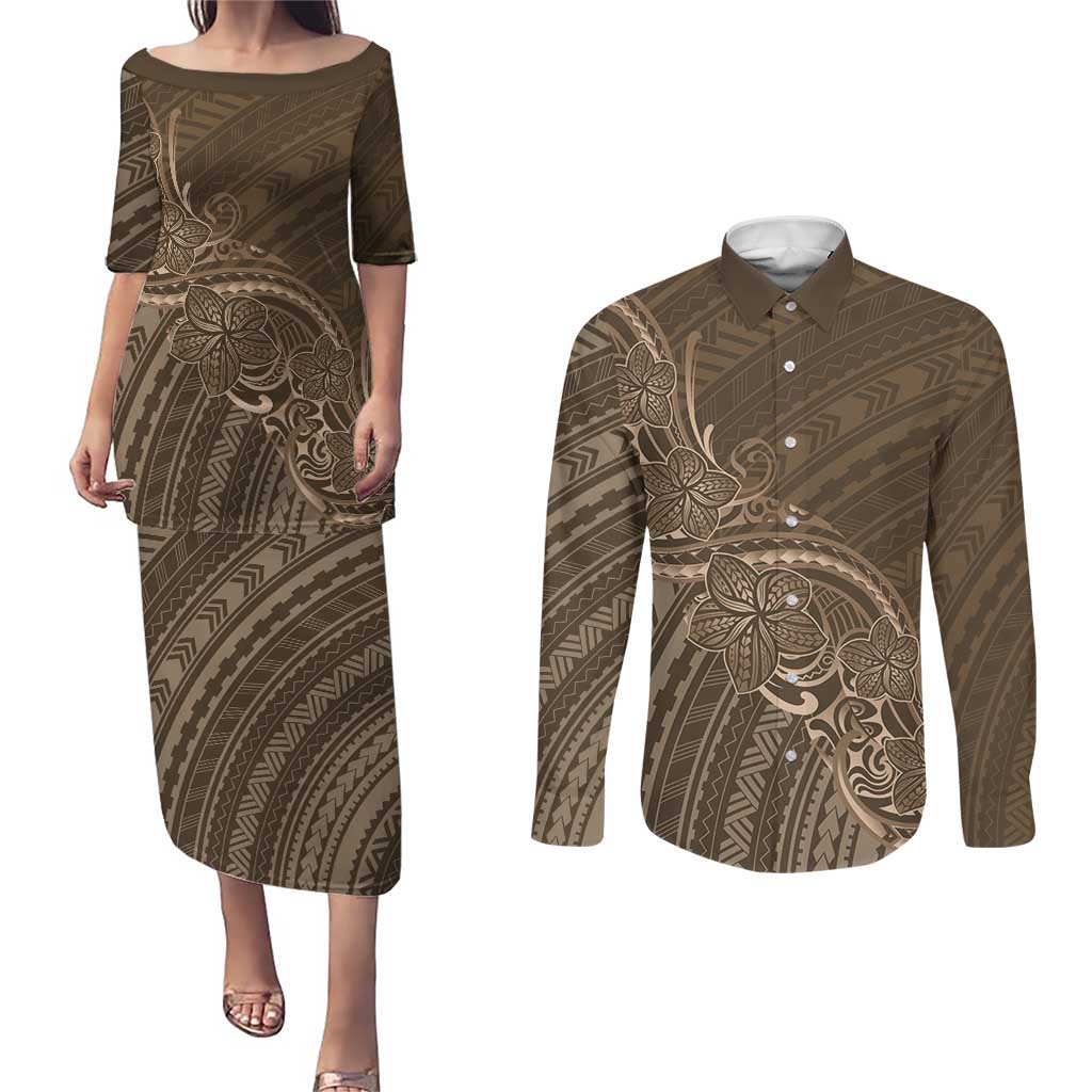 Brown Polynesia Plumeria Tattoo Couples Matching Puletasi and Long Sleeve Button Shirt LT14 Brown - Polynesian Pride