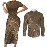 Brown Polynesia Plumeria Tattoo Couples Matching Short Sleeve Bodycon Dress and Long Sleeve Button Shirt LT14 Brown - Polynesian Pride