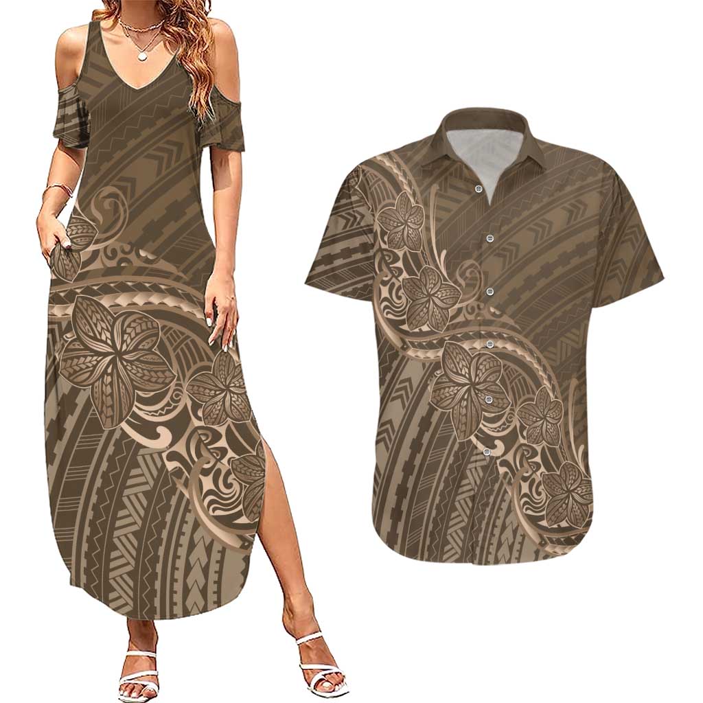 Brown Polynesia Plumeria Tattoo Couples Matching Summer Maxi Dress and Hawaiian Shirt LT14 Brown - Polynesian Pride
