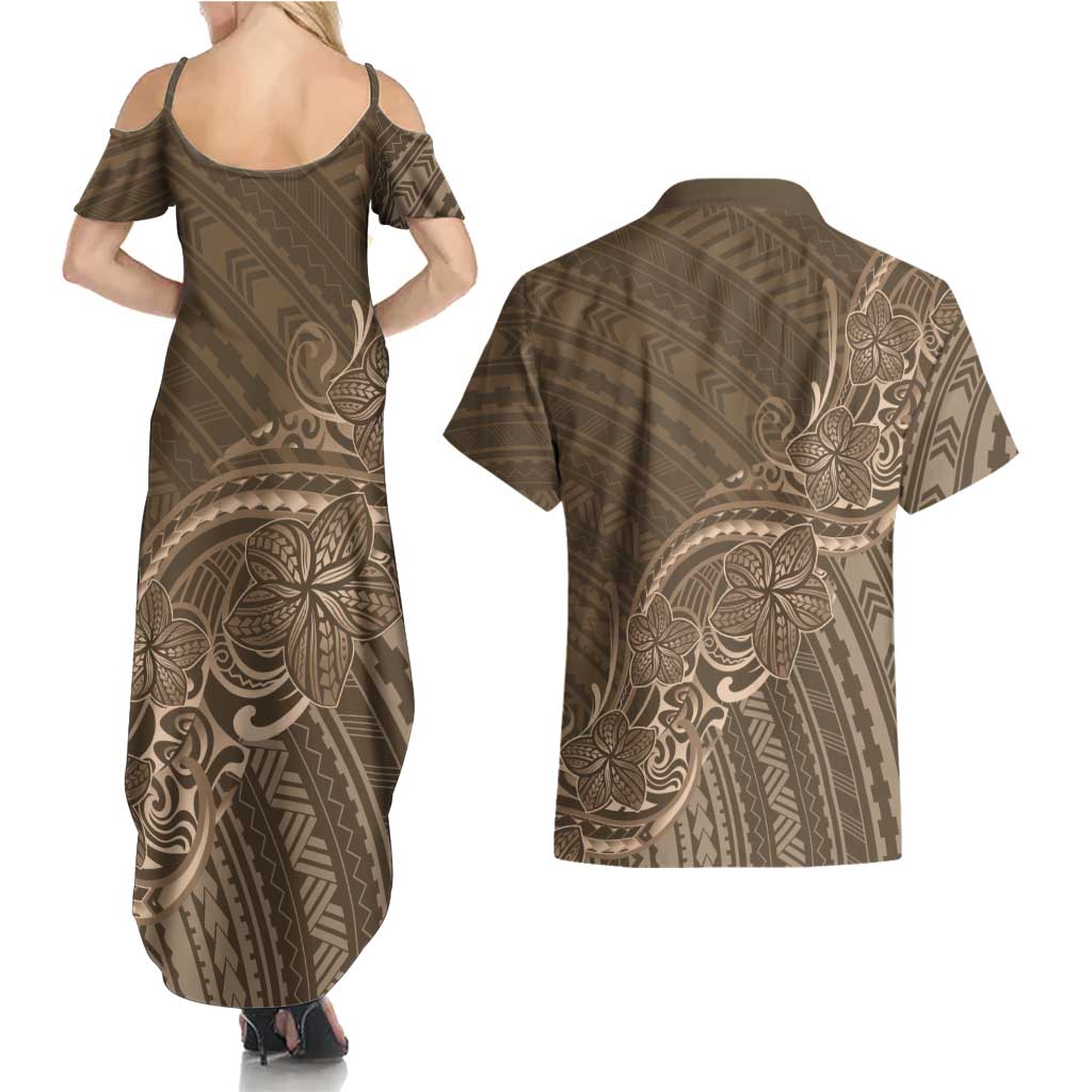 Brown Polynesia Plumeria Tattoo Couples Matching Summer Maxi Dress and Hawaiian Shirt LT14 - Polynesian Pride