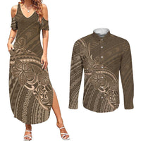 Brown Polynesia Plumeria Tattoo Couples Matching Summer Maxi Dress and Long Sleeve Button Shirt LT14 Brown - Polynesian Pride
