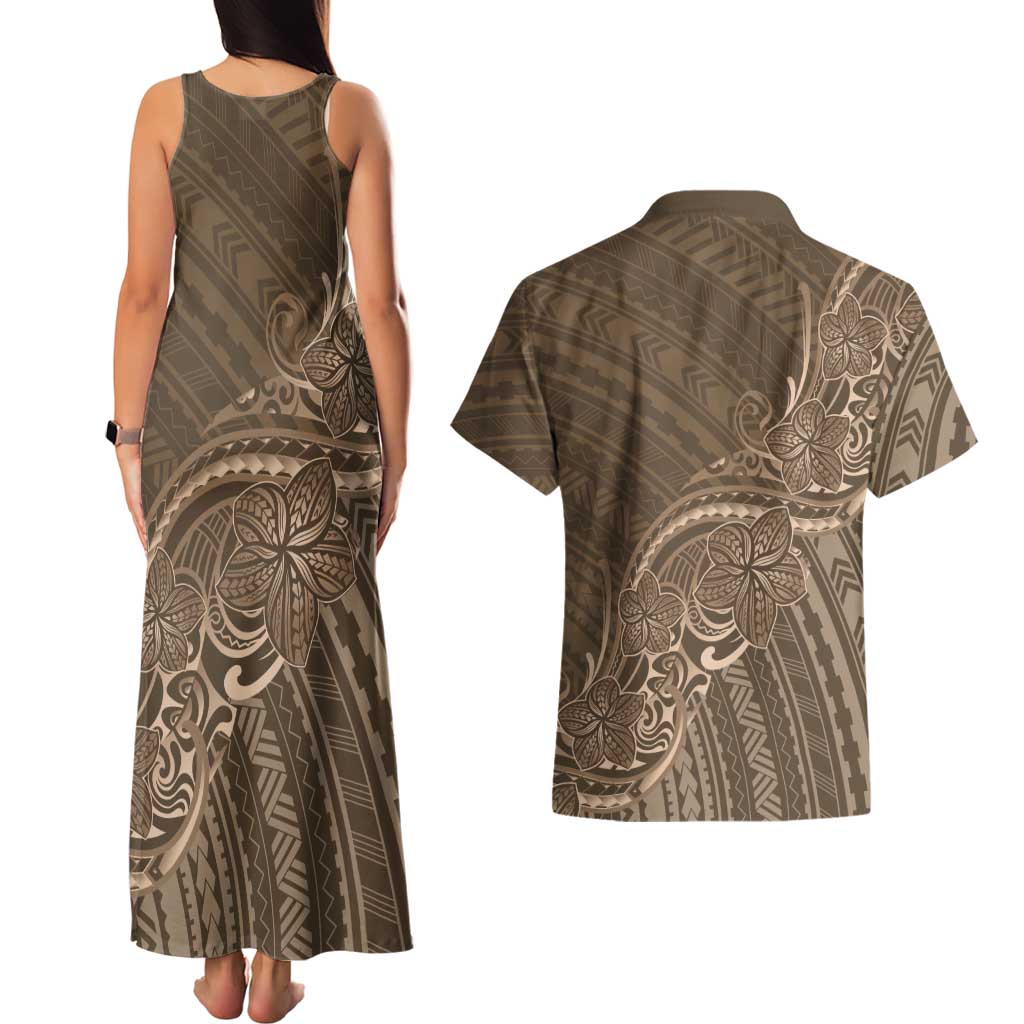 Brown Polynesia Plumeria Tattoo Couples Matching Tank Maxi Dress and Hawaiian Shirt LT14 - Polynesian Pride