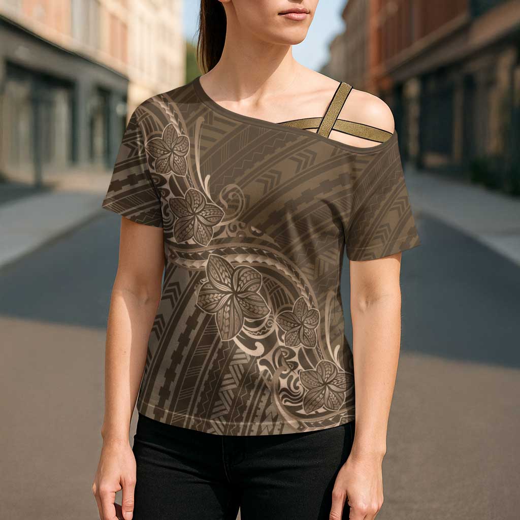 Brown Polynesia Plumeria Tattoo Cross Shoulder Shirt LT14 - Polynesian Pride