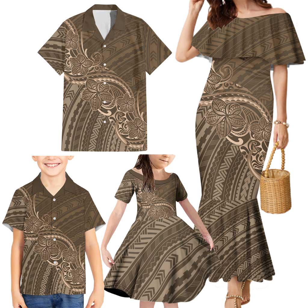 Brown Polynesia Plumeria Tattoo Family Matching Mermaid Dress and Hawaiian Shirt LT14 - Polynesian Pride