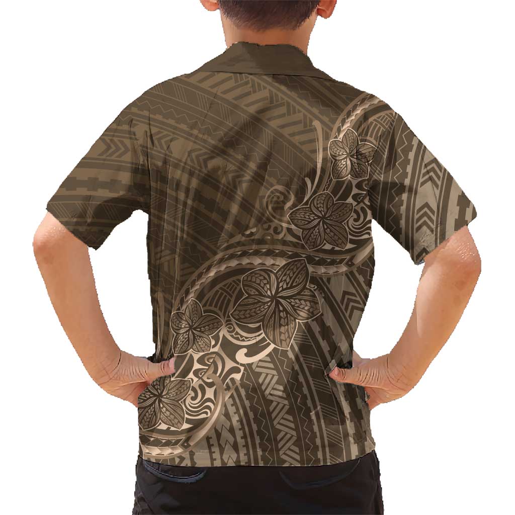 Brown Polynesia Plumeria Tattoo Family Matching Off The Shoulder Long Sleeve Dress and Hawaiian Shirt