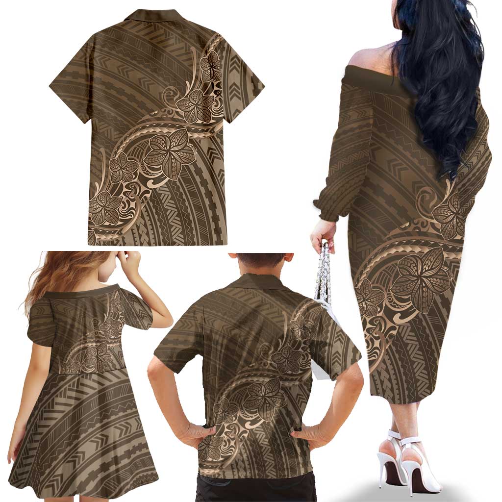 Brown Polynesia Plumeria Tattoo Family Matching Off The Shoulder Long Sleeve Dress and Hawaiian Shirt