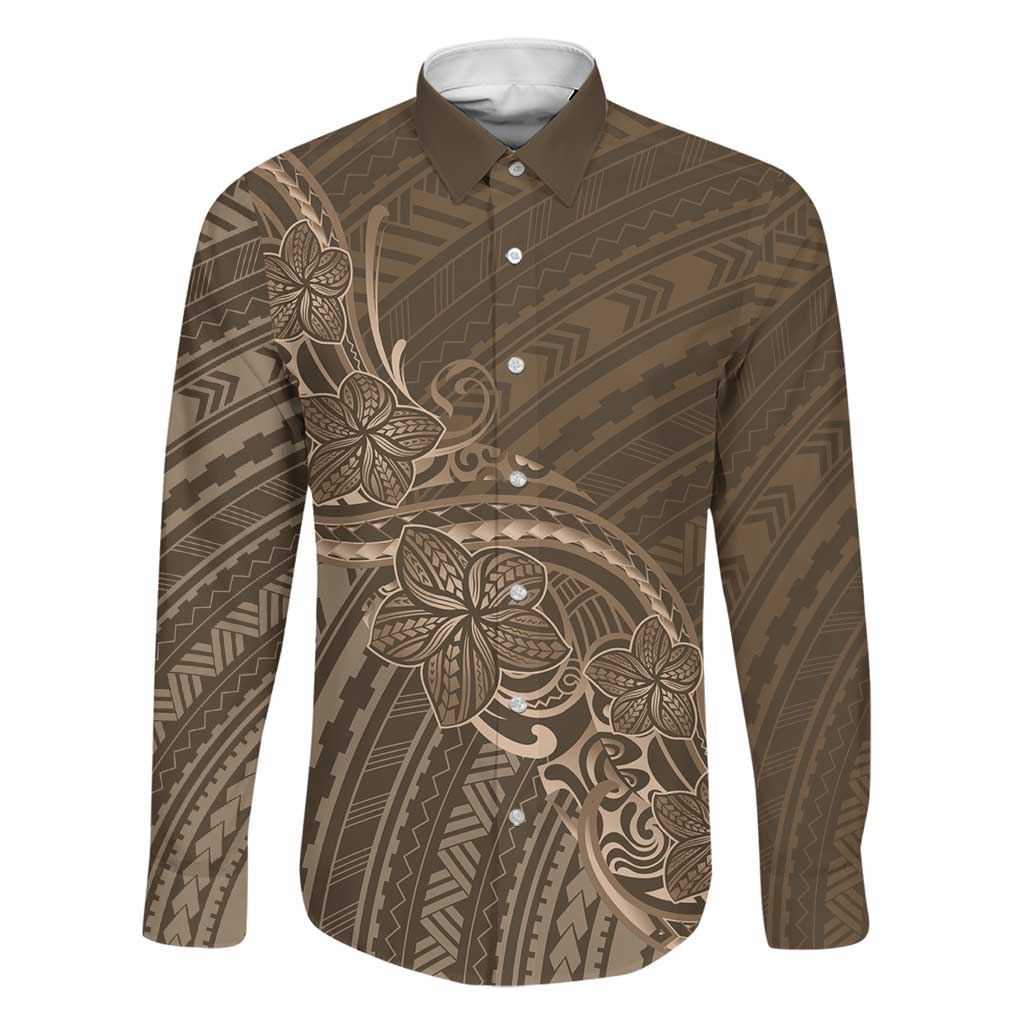 Brown Polynesia Plumeria Tattoo Family Matching Off The Shoulder Long Sleeve Dress and Hawaiian Shirt