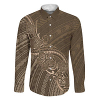 Brown Polynesia Plumeria Tattoo Family Matching Off The Shoulder Long Sleeve Dress and Hawaiian Shirt