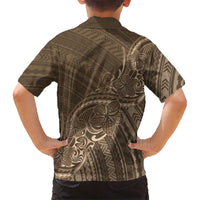 Brown Polynesia Plumeria Tattoo Family Matching Short Sleeve Bodycon Dress and Hawaiian Shirt