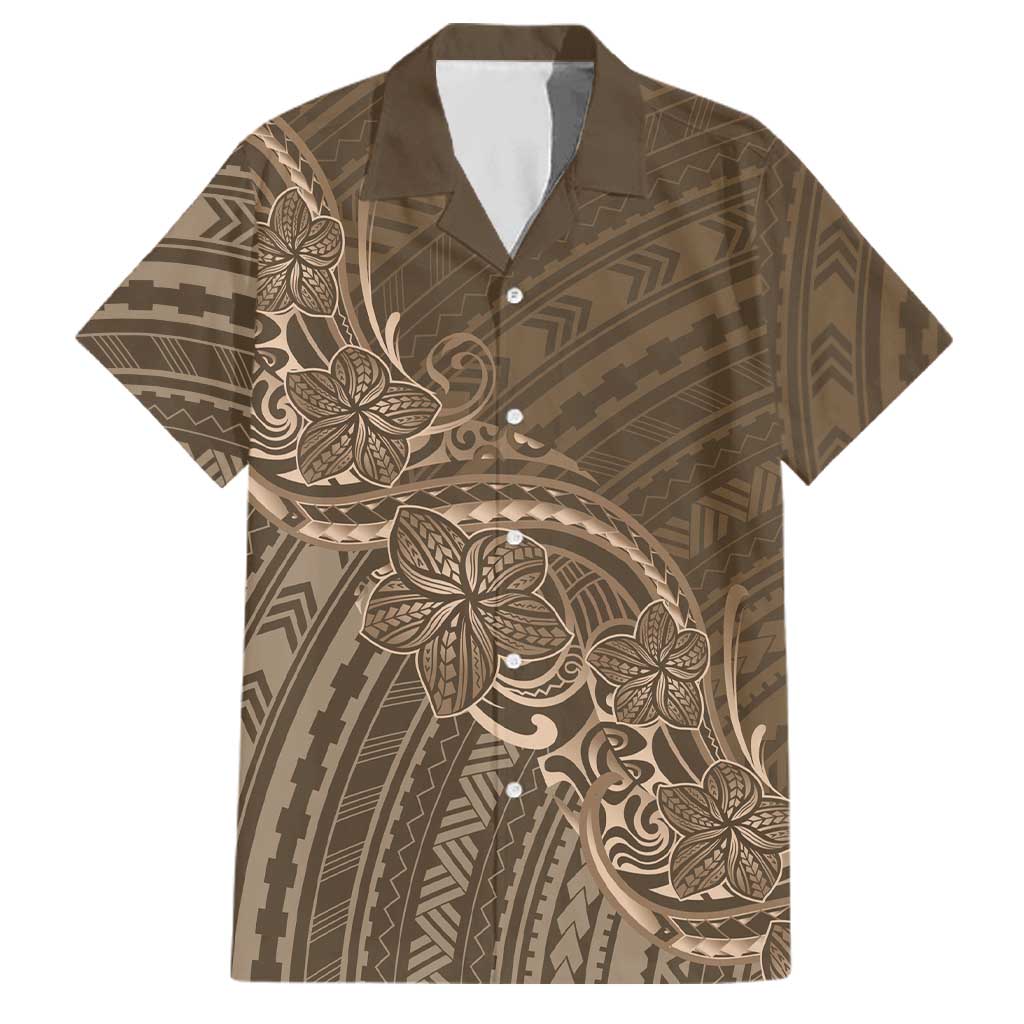 Brown Polynesia Plumeria Tattoo Family Matching Short Sleeve Bodycon Dress and Hawaiian Shirt