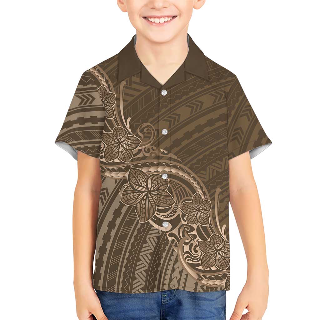 Brown Polynesia Plumeria Tattoo Family Matching Short Sleeve Bodycon Dress and Hawaiian Shirt