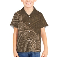 Brown Polynesia Plumeria Tattoo Family Matching Short Sleeve Bodycon Dress and Hawaiian Shirt