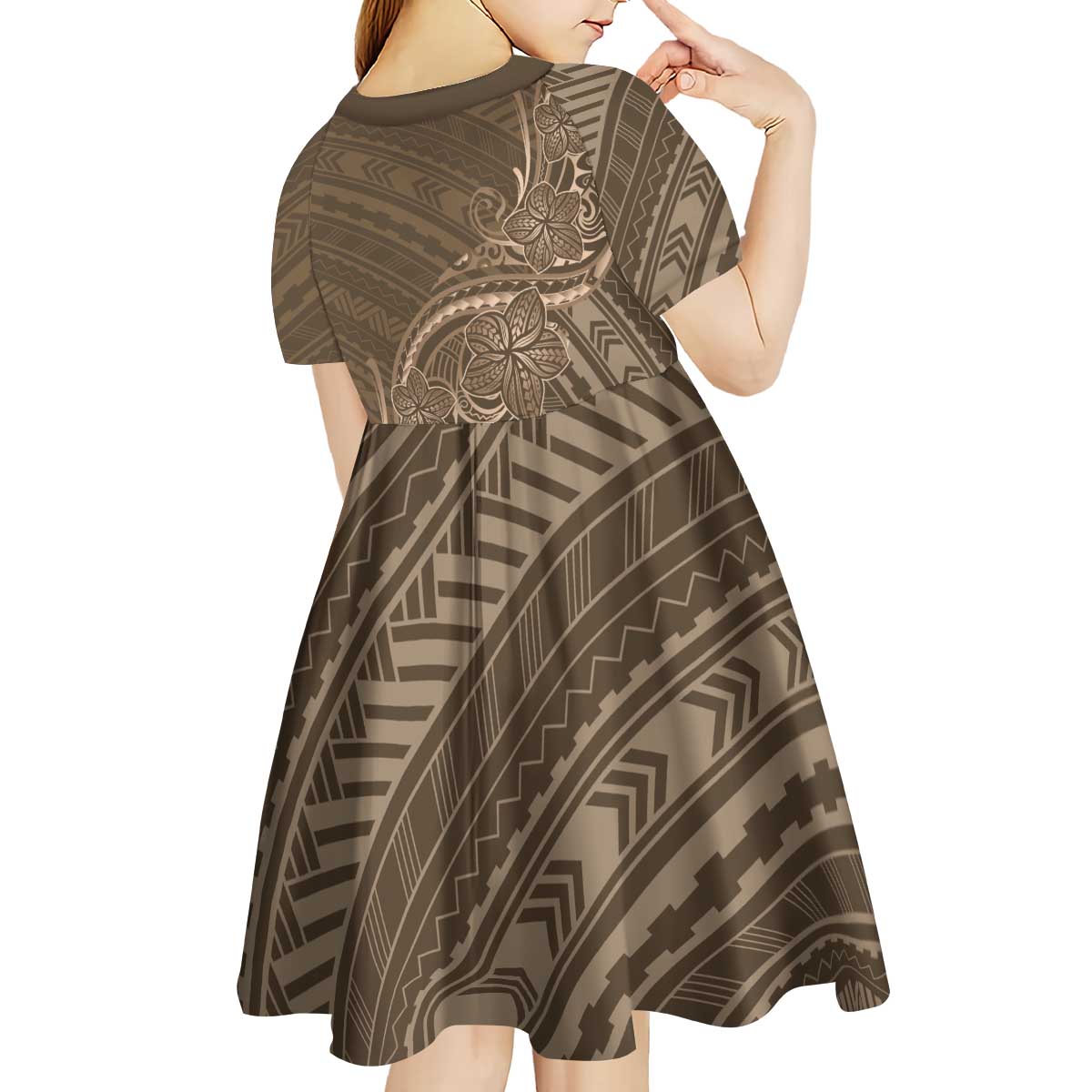 Brown Polynesia Plumeria Tattoo Kid Short Sleeve Dress LT14 - Polynesian Pride