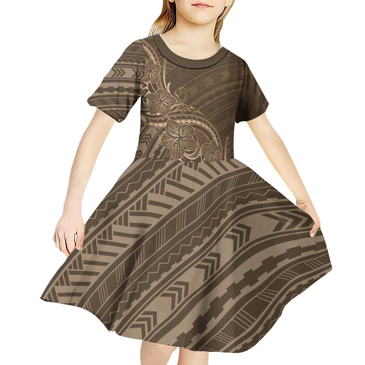 Brown Polynesia Plumeria Tattoo Kid Short Sleeve Dress LT14 - Polynesian Pride