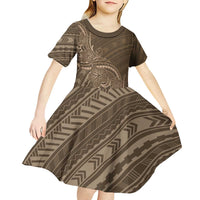 Brown Polynesia Plumeria Tattoo Kid Short Sleeve Dress LT14 - Polynesian Pride