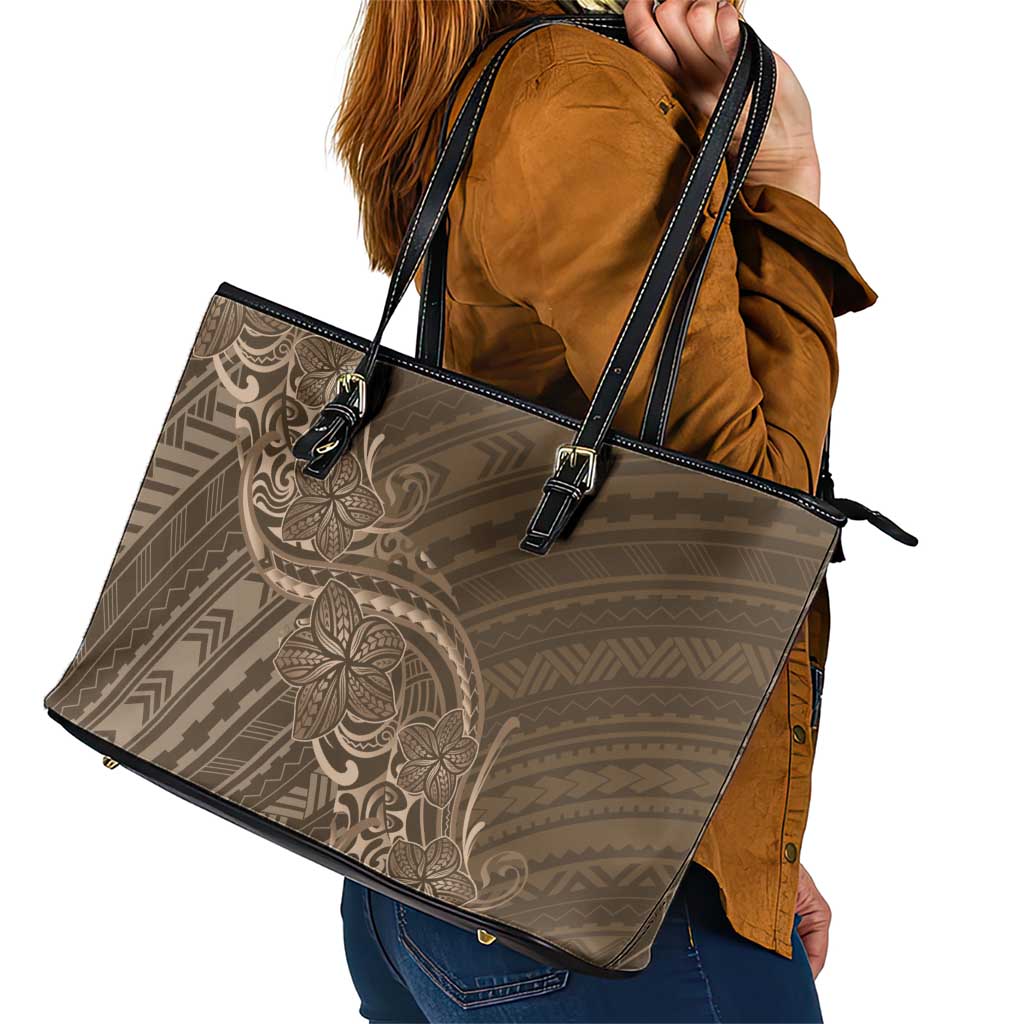 Brown Polynesia Plumeria Tattoo Leather Tote Bag LT14 - Polynesian Pride