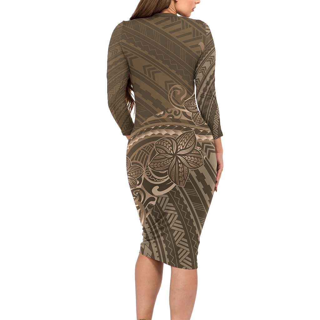 Brown Polynesia Plumeria Tattoo Long Sleeve Bodycon Dress LT14 - Polynesian Pride