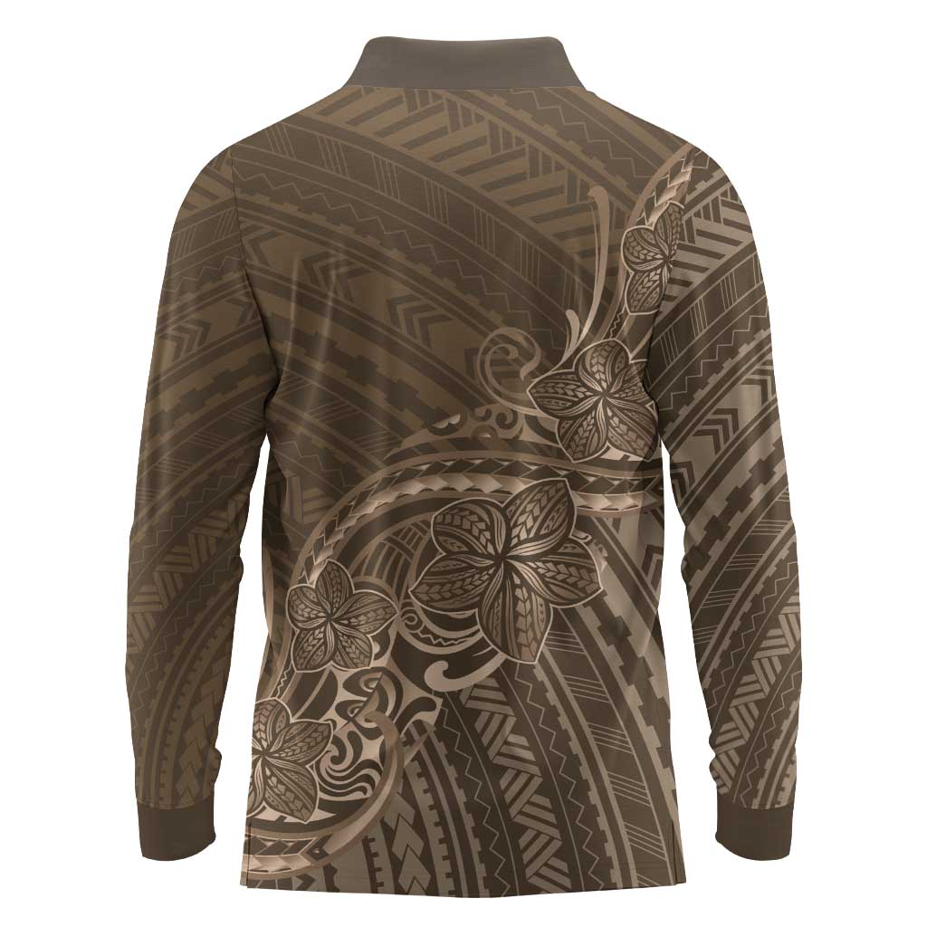 Brown Polynesia Plumeria Tattoo Long Sleeve Polo Shirt LT14 - Polynesian Pride