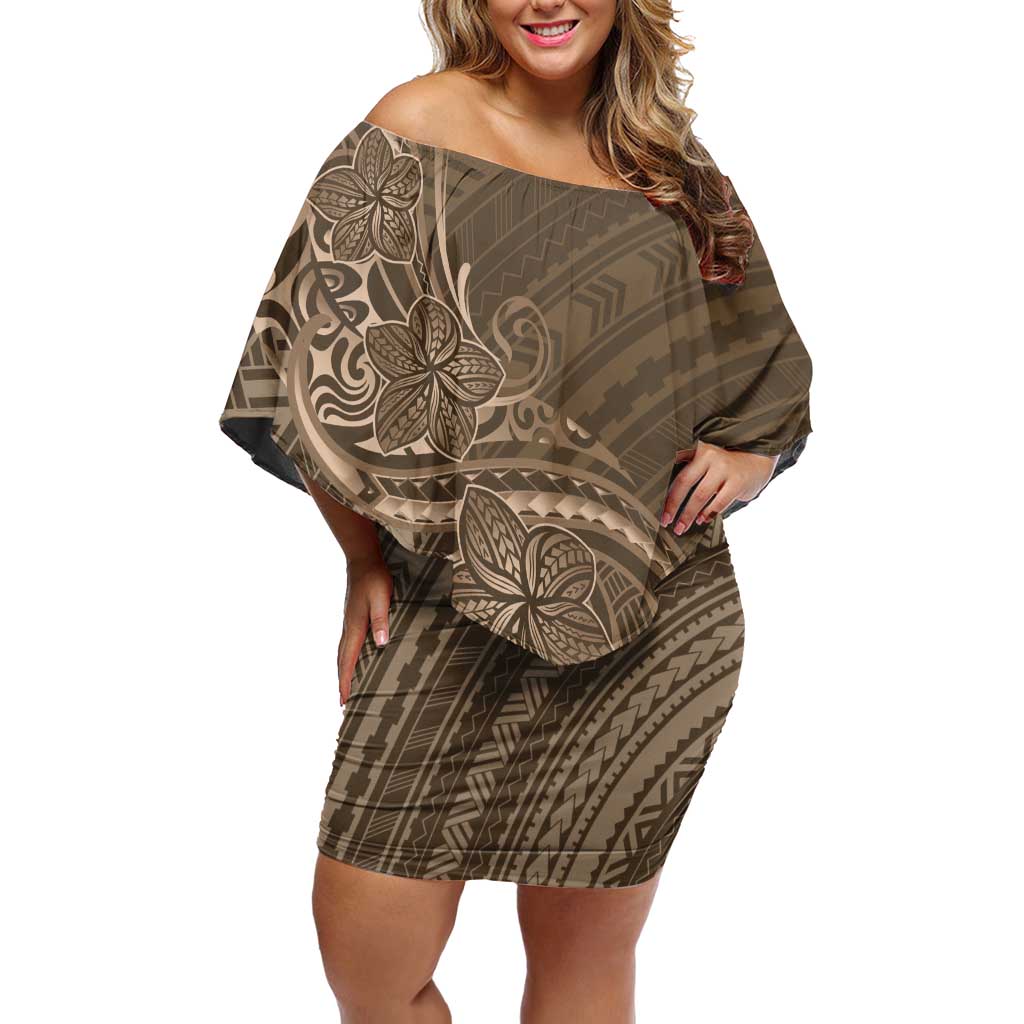 Brown Polynesia Plumeria Tattoo Off Shoulder Short Dress