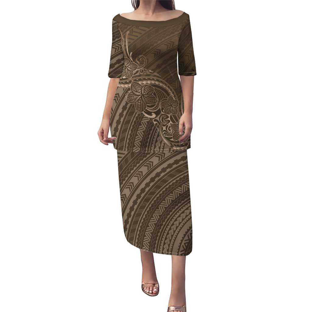 Brown Polynesia Plumeria Tattoo Puletasi LT14 Long Dress Brown - Polynesian Pride