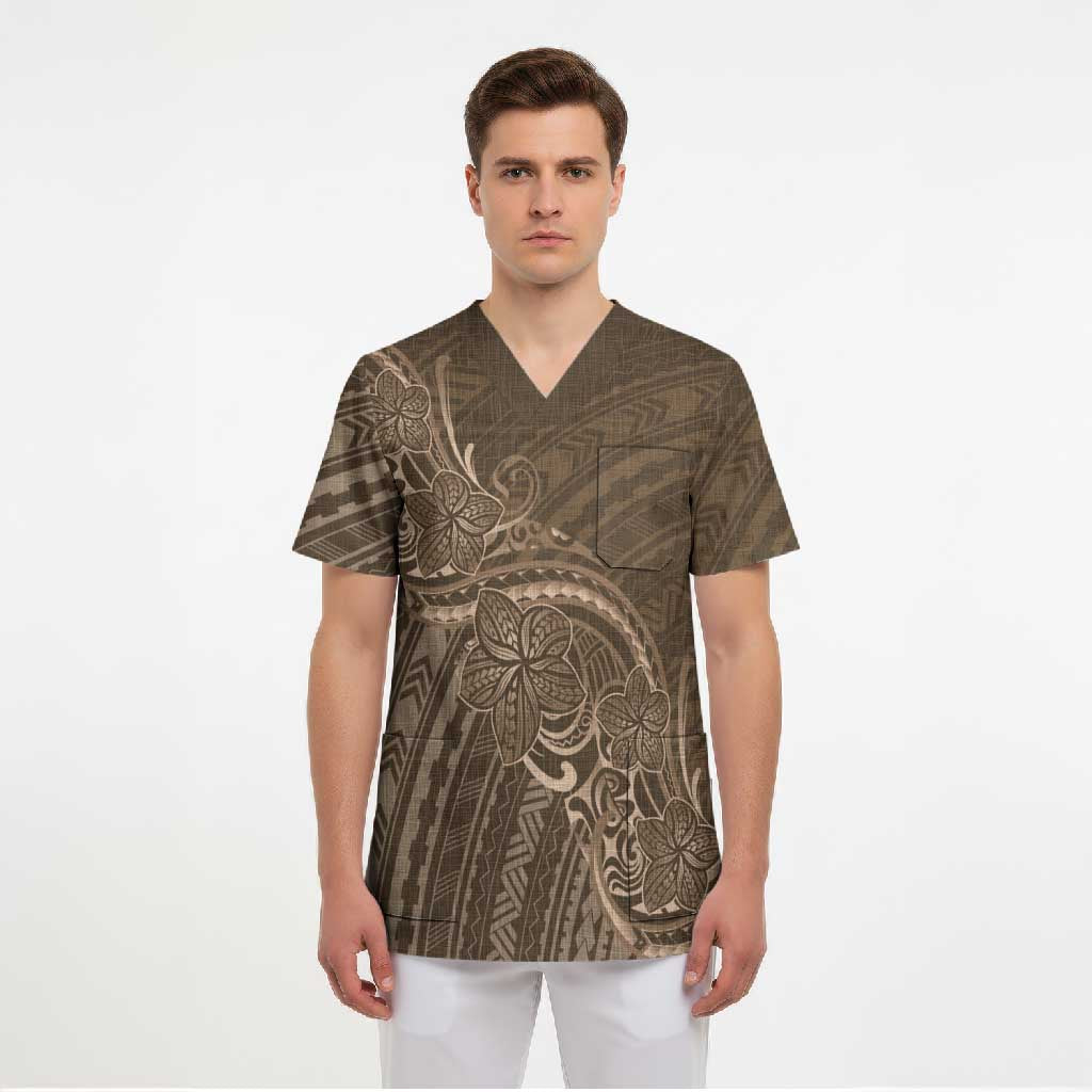 Brown Polynesia Plumeria Tattoo Scrub Top LT14 - Polynesian Pride