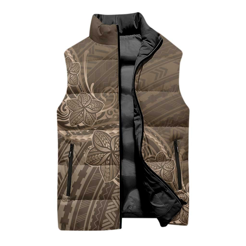 Brown Polynesia Plumeria Tattoo Sleeveless Puffer Jacket LT14 - Polynesian Pride