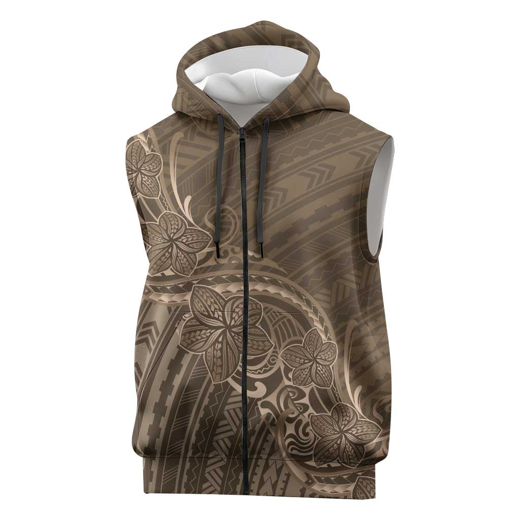 Brown Polynesia Plumeria Tattoo Sleeveless Zip Hoodie