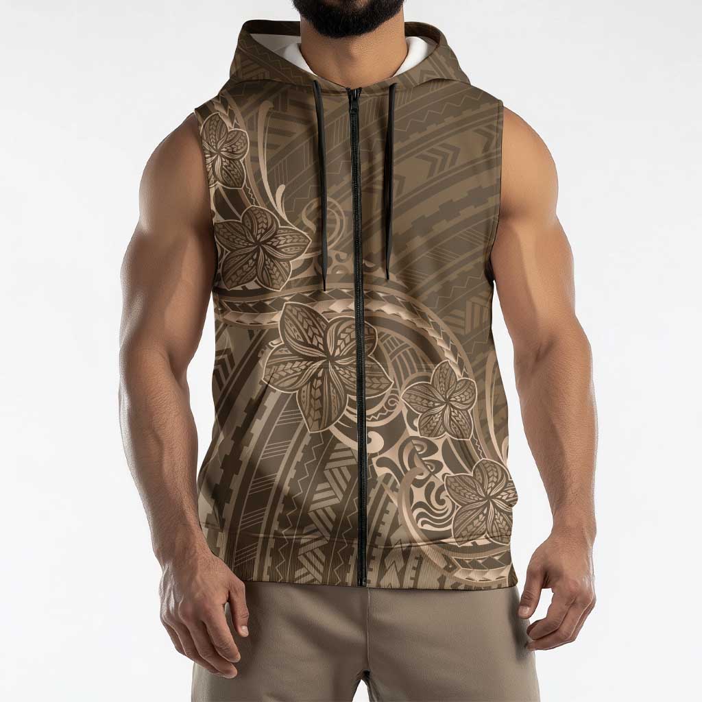 Brown Polynesia Plumeria Tattoo Sleeveless Zip Hoodie