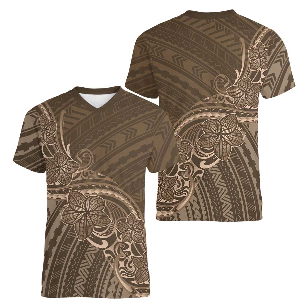 Brown Polynesia Plumeria Tattoo Women V-Neck T-Shirt LT14 - Polynesian Pride