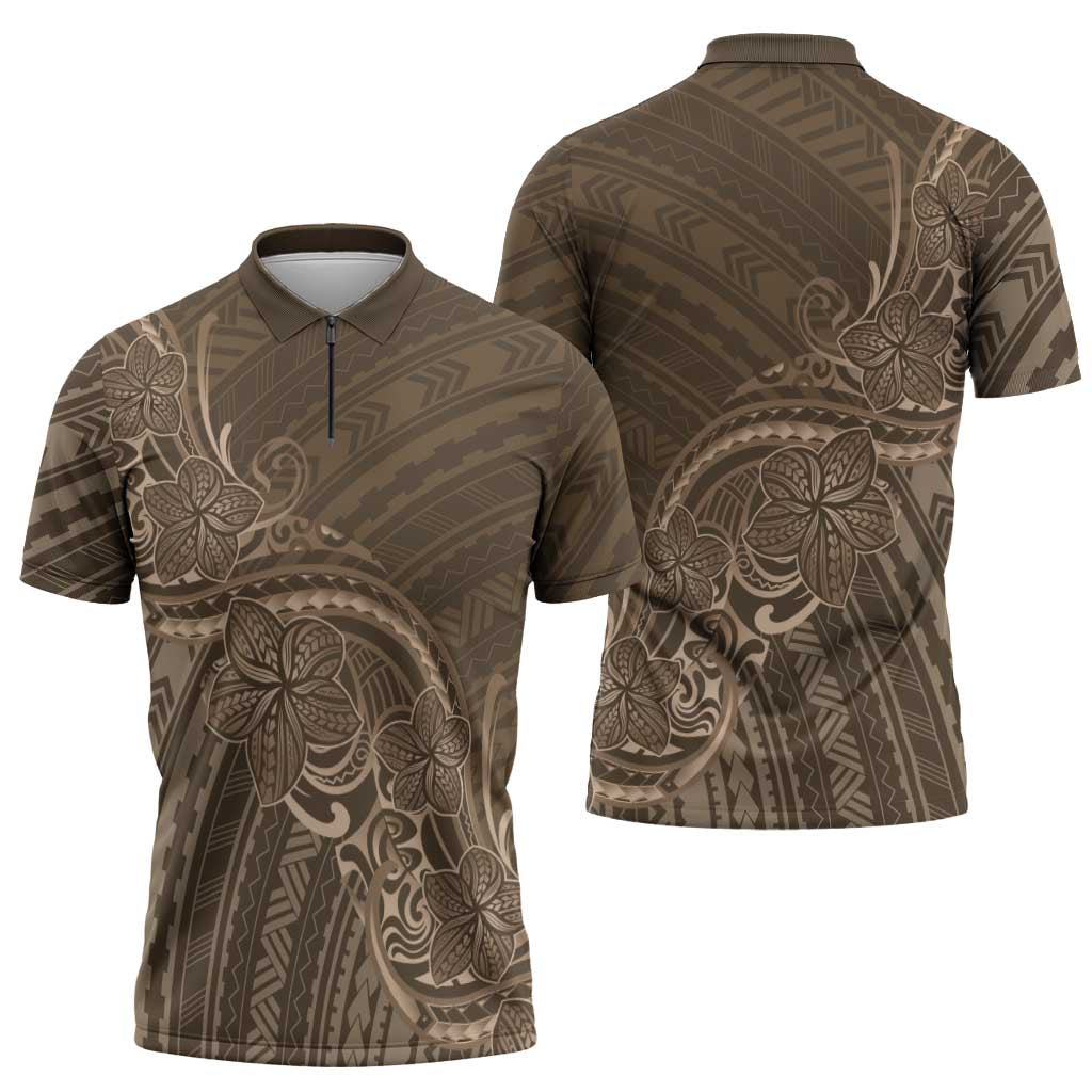 Brown Polynesia Plumeria Tattoo Zipper Polo Shirt LT14 - Polynesian Pride