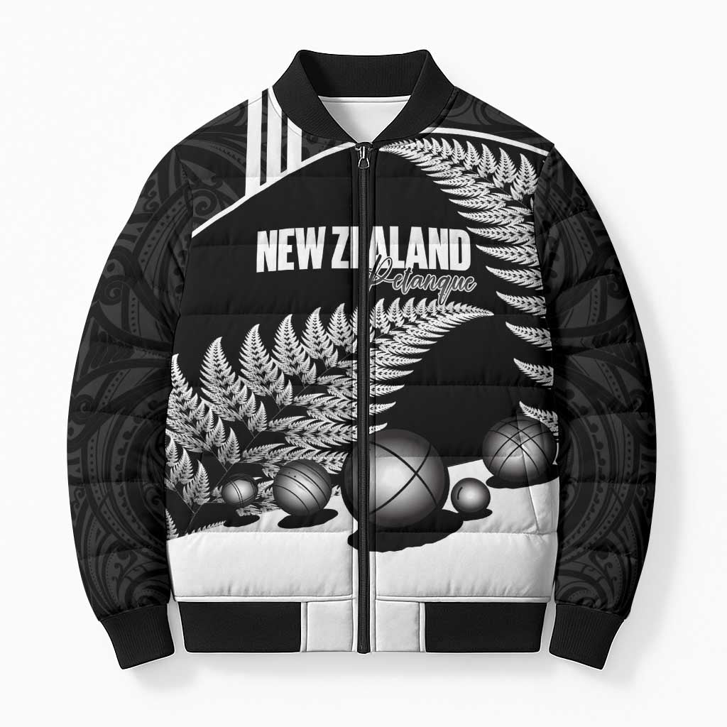 Custom New Zealand Silver Fern Petanque Bomber Puffer Jacket Aotearoa Maori Pattern LT14 Unisex Black - Polynesian Pride