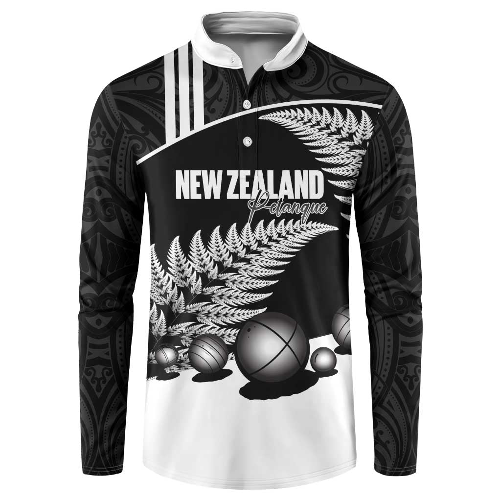 Custom New Zealand Silver Fern Petanque Button Sweatshirt Aotearoa Maori Pattern LT14 Black - Polynesian Pride