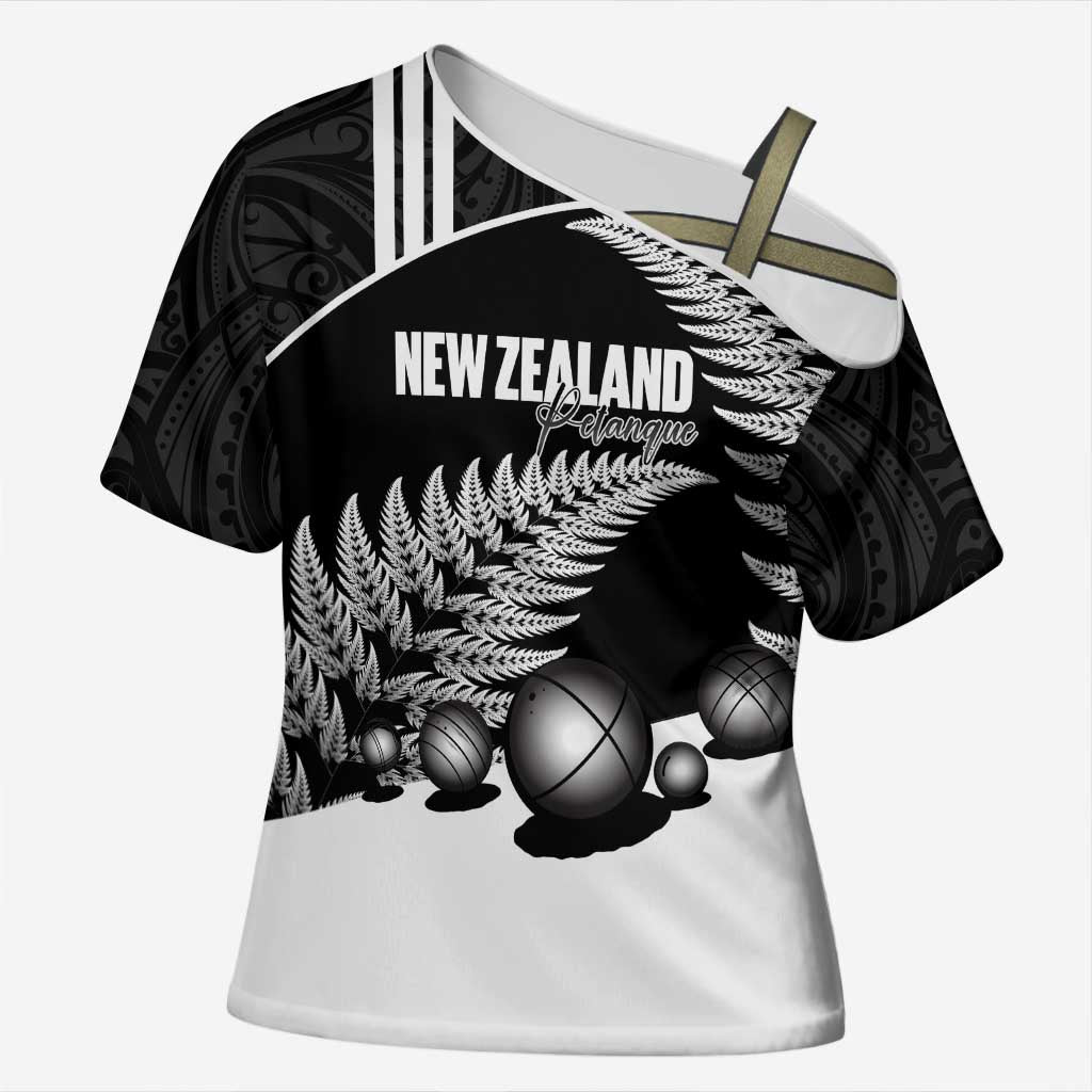 Custom New Zealand Silver Fern Petanque Cross Shoulder Shirt Aotearoa Maori Pattern LT14 Female Black - Polynesian Pride