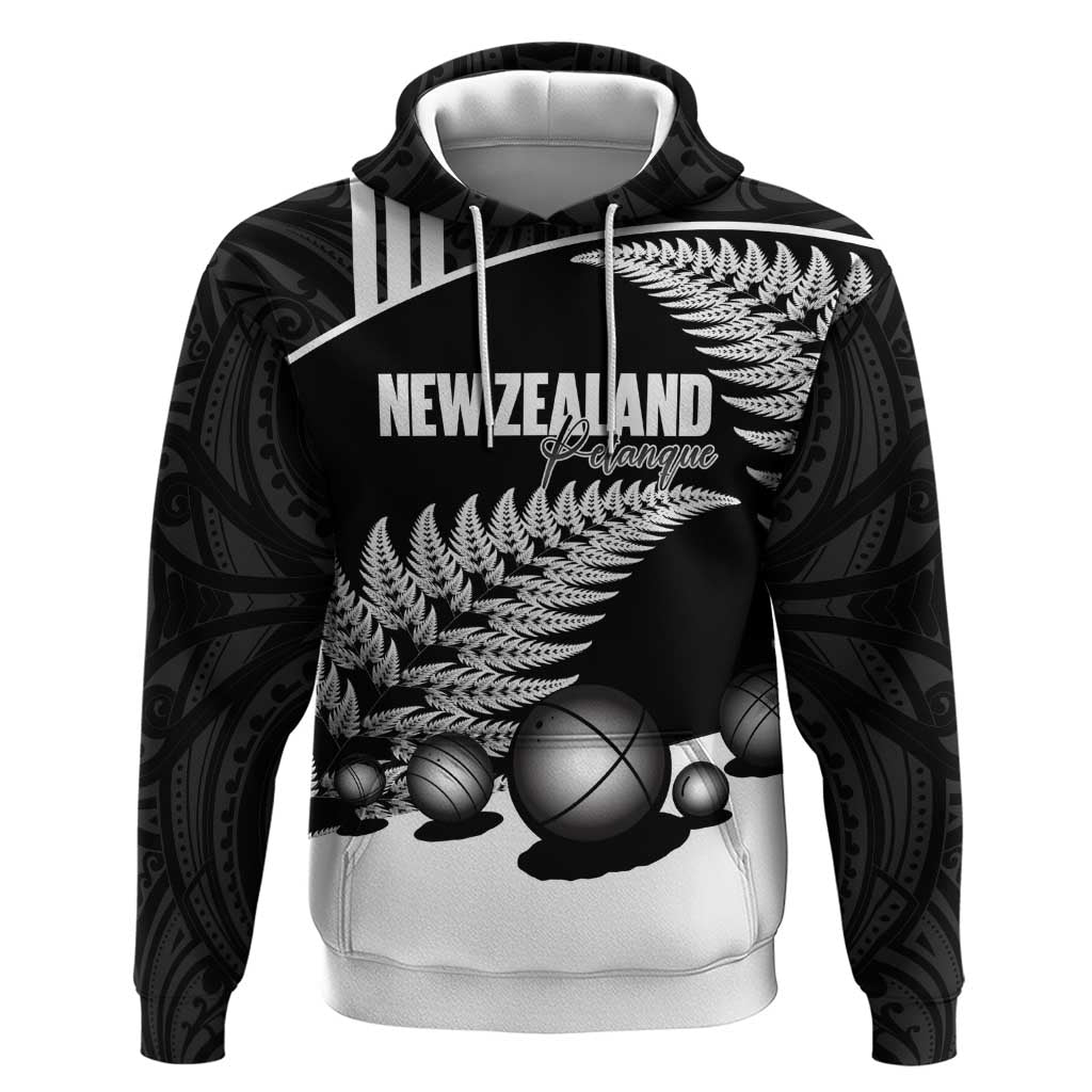 Custom New Zealand Silver Fern Petanque Hoodie Aotearoa Maori Pattern LT14 Pullover Hoodie Black - Polynesian Pride