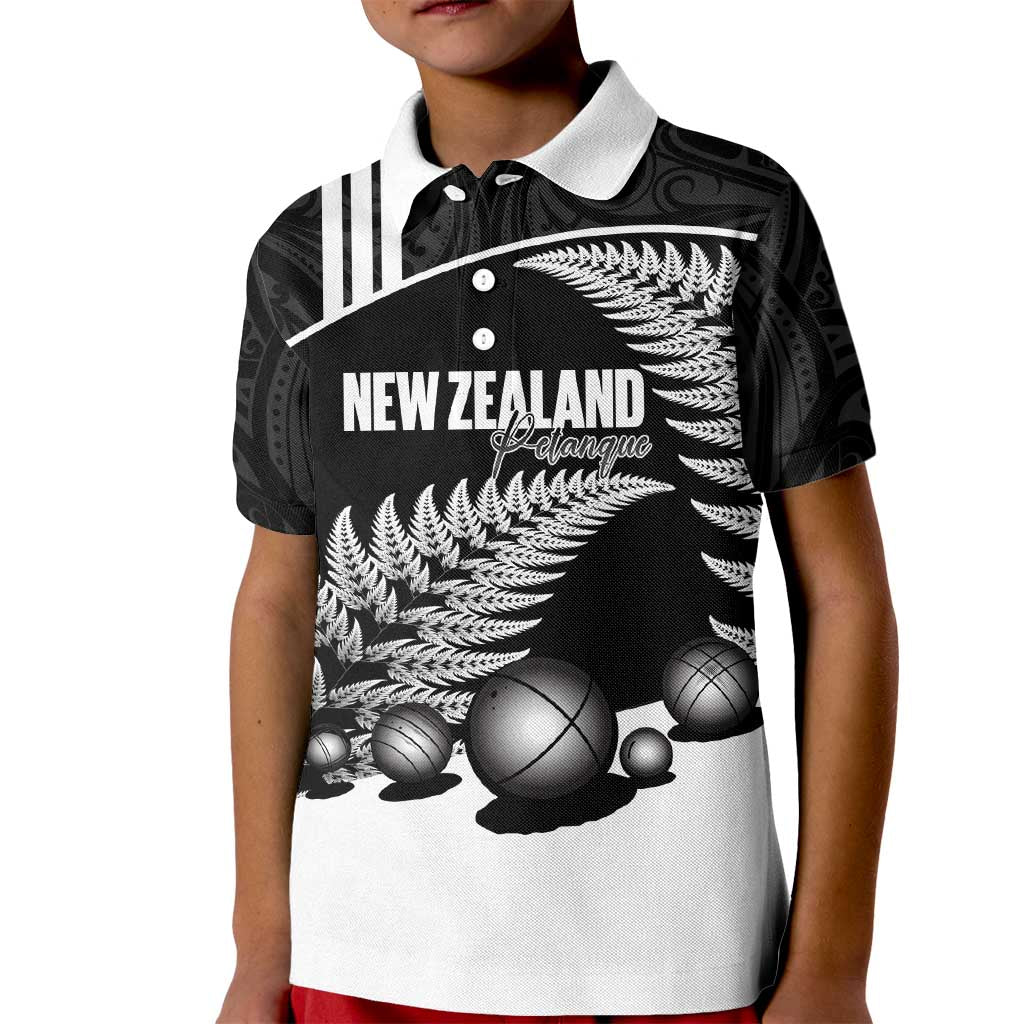 Custom New Zealand Silver Fern Petanque Kid Polo Shirt Aotearoa Maori Pattern LT14 Kid Black - Polynesian Pride