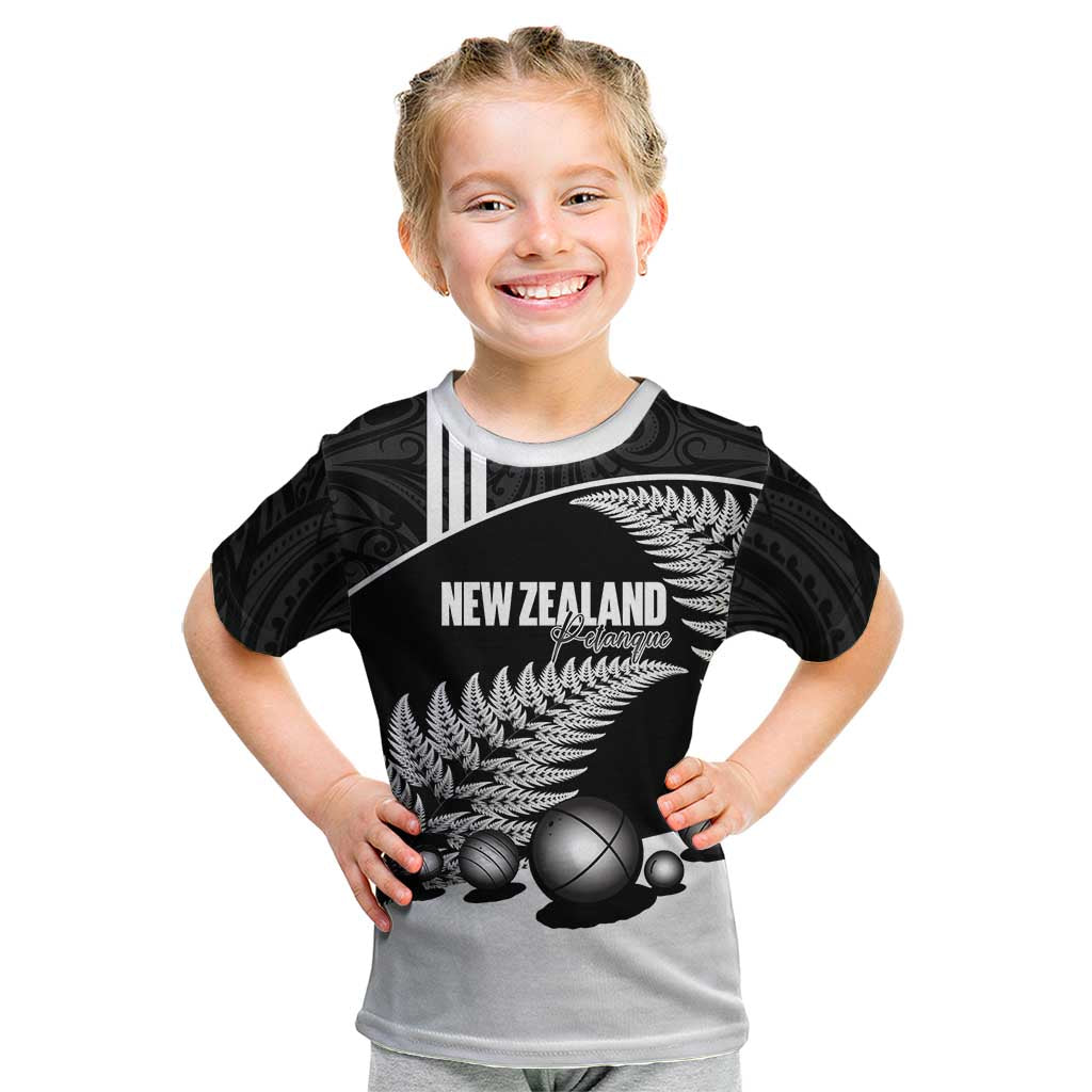 Custom New Zealand Silver Fern Petanque Kid T Shirt Aotearoa Maori Pattern LT14 Black - Polynesian Pride