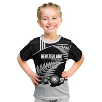 Custom New Zealand Silver Fern Petanque Kid T Shirt Aotearoa Maori Pattern LT14 Black - Polynesian Pride