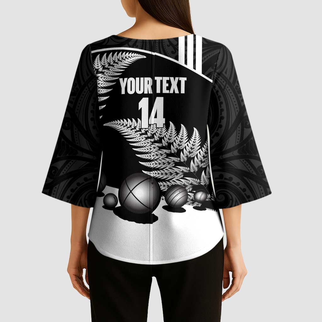 Custom New Zealand Silver Fern Petanque Kimono Sleeve Blouse Aotearoa Maori Pattern LT14 - Polynesian Pride