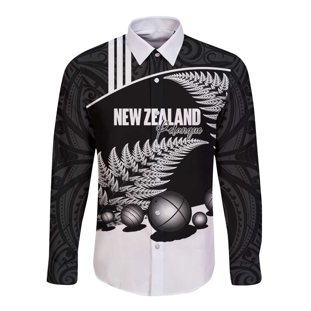 Custom New Zealand Silver Fern Petanque Long Sleeve Button Shirt Aotearoa Maori Pattern LT14 Unisex Black - Polynesian Pride