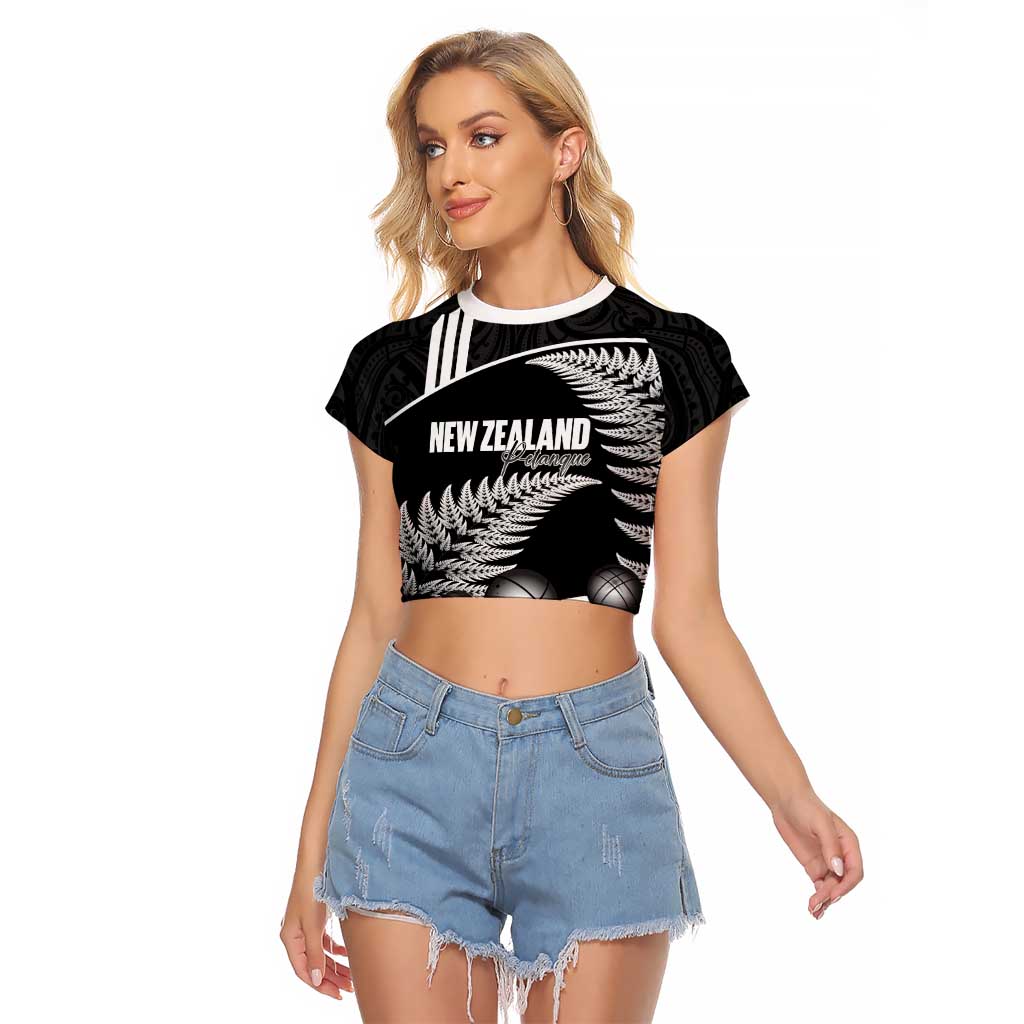 Custom New Zealand Silver Fern Petanque Raglan Cropped T Shirt Aotearoa Maori Pattern LT14 Female Black - Polynesian Pride