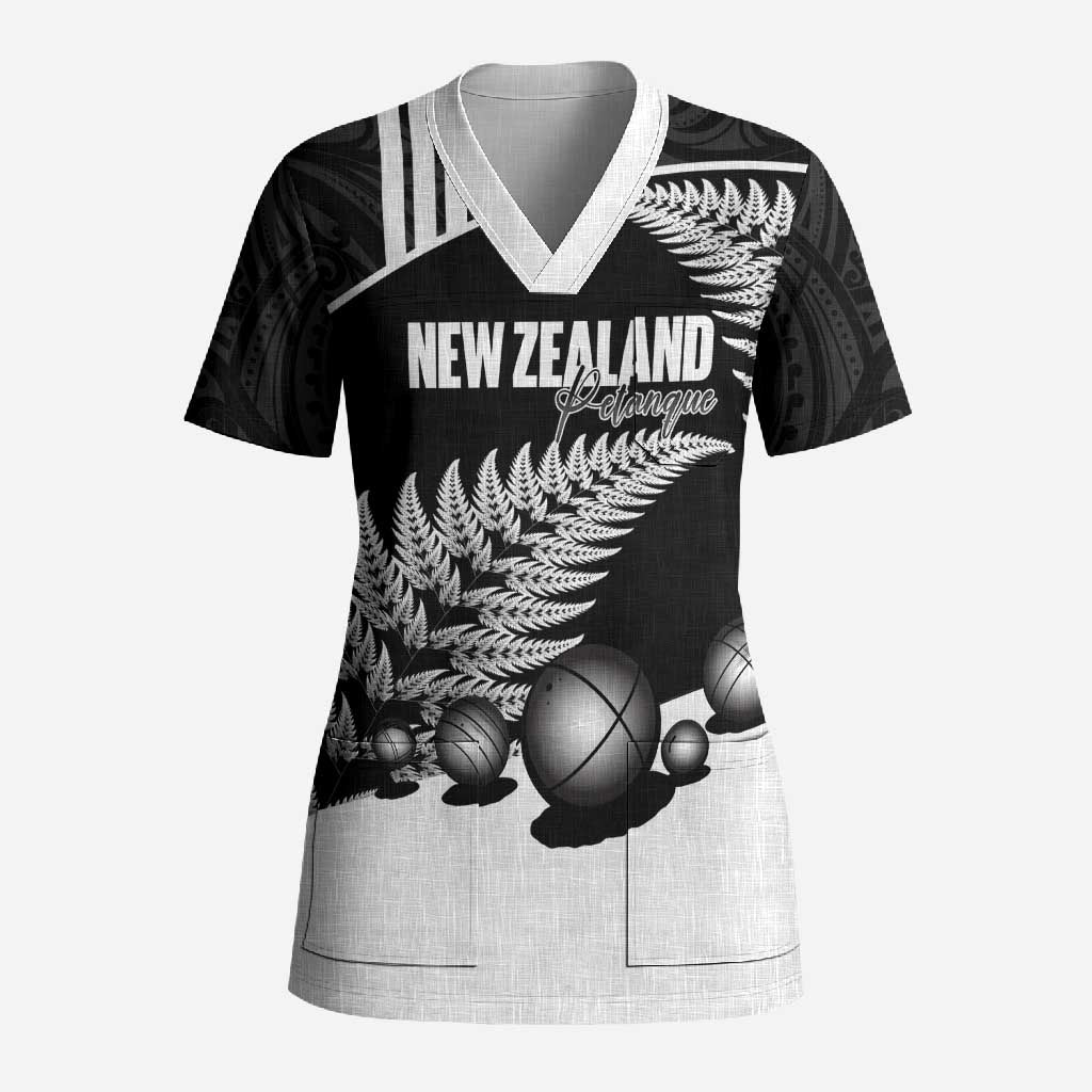Custom New Zealand Silver Fern Petanque Scrub Top Aotearoa Maori Pattern LT14 Adult Black - Polynesian Pride