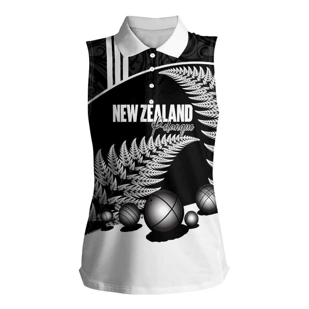 Custom New Zealand Silver Fern Petanque Women Sleeveless Polo Shirt Aotearoa Maori Pattern LT14 Female Black - Polynesian Pride