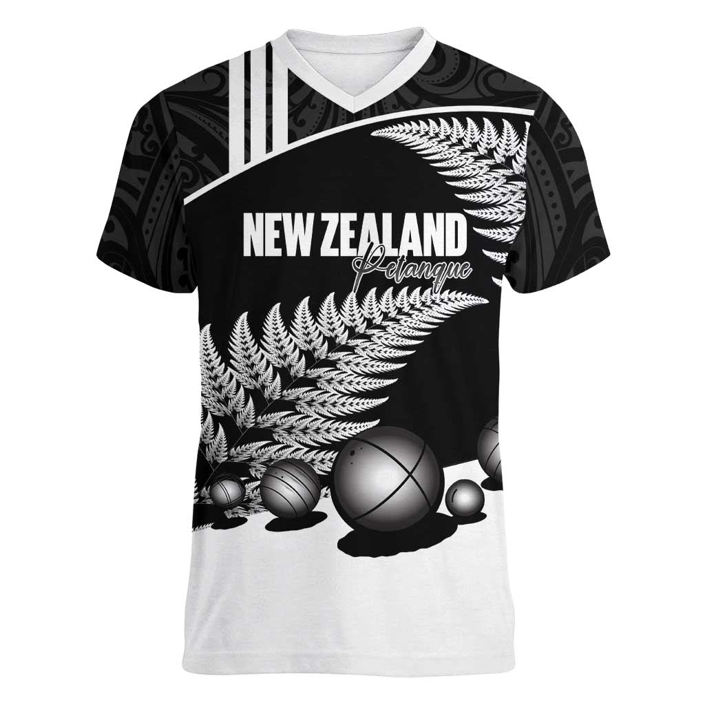 Custom New Zealand Silver Fern Petanque Women V-Neck T-Shirt Aotearoa Maori Pattern