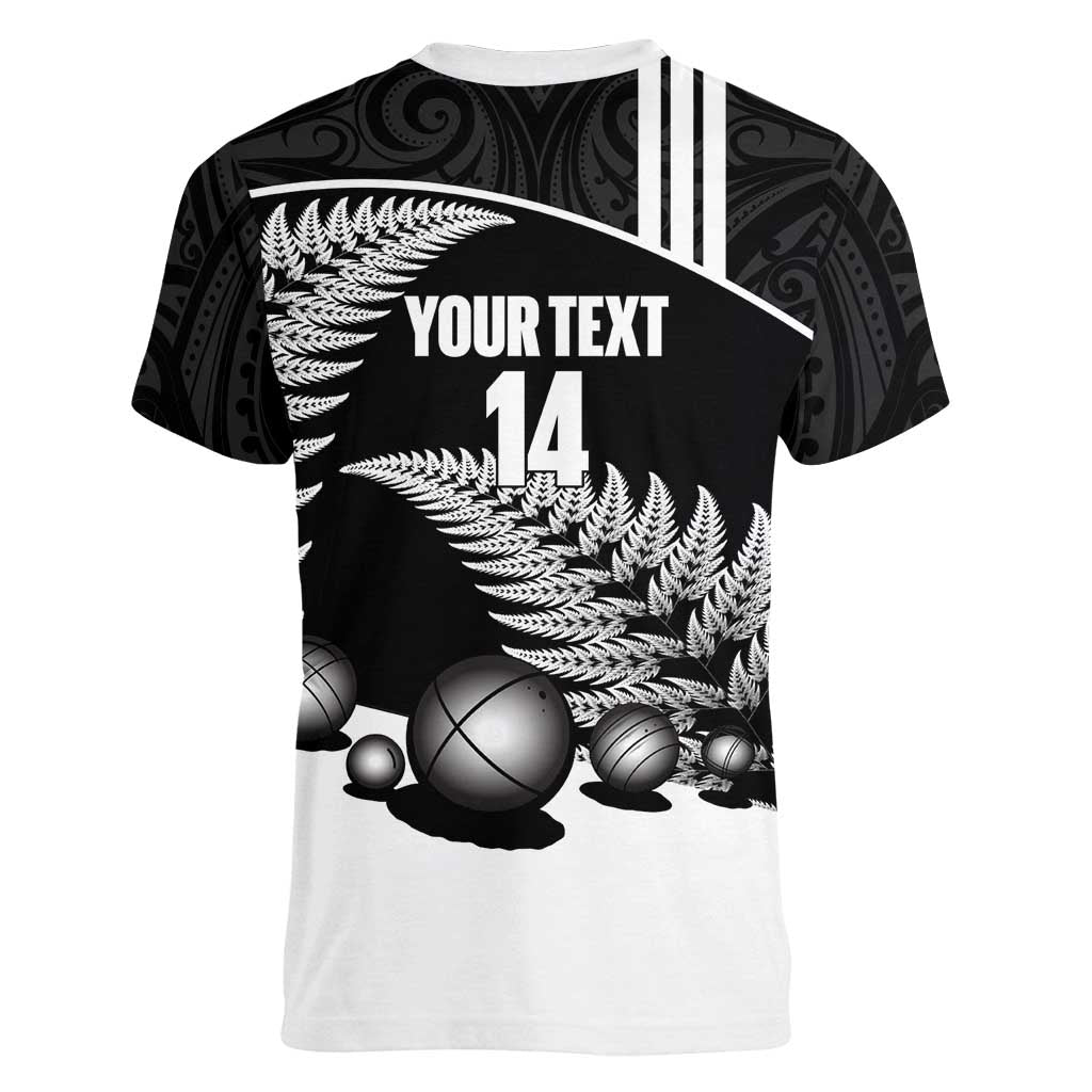 Custom New Zealand Silver Fern Petanque Women V-Neck T-Shirt Aotearoa Maori Pattern